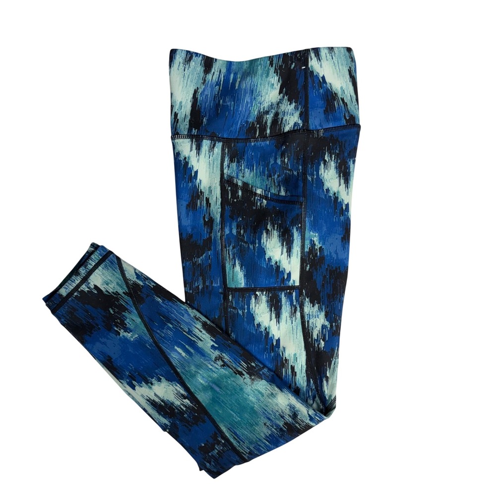 Reebok Mid Rise Compression Leggings Crop Blue Abstract Print Side Pocket  M